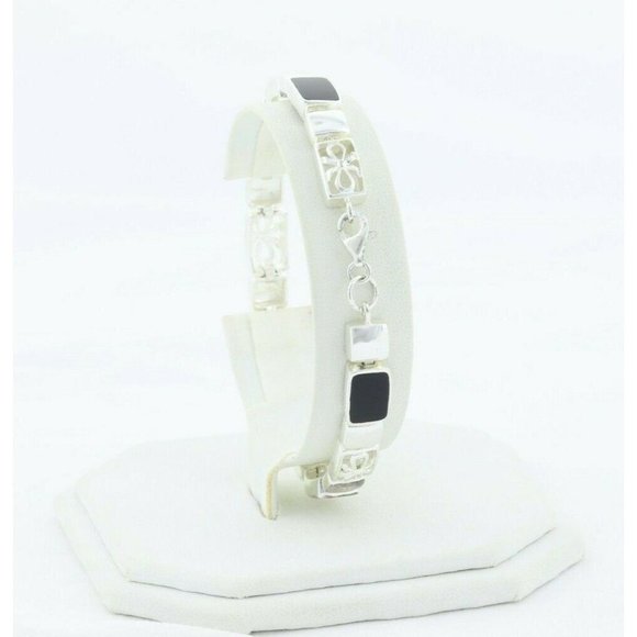 Sterling Silver Onyx and Marcasite Bracelet 7 3/4 inch - Picture 7 of 10